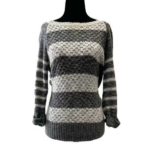 Ricki’s Sweater Lightweight Open Weave Cotton Grey Stripes Size Small